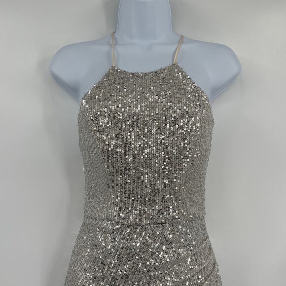 Crystal Doll Bodycon Sequin Dress Sz 0 Silver Holiday New Years Slit Y2K Club - Picture 2 of 12